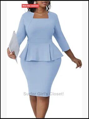 Plus Size Peplum Pencil Dress with 3/4 Sleeves Work Church Office